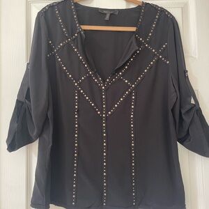 Black V-neck 3/4 Sleeve Embellished Blouse
